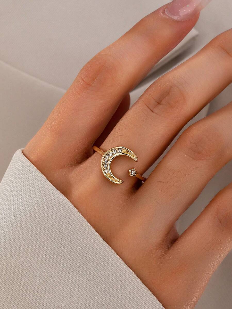 1 Pc Star Moon Ring For Women Golden Color Metal Moon Star Rings Jewelry - Gold - View 1