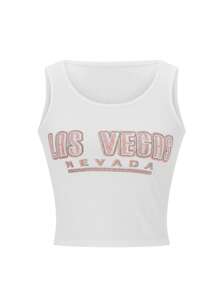 Women Rhinestone Letter Tank Tops Round Neck Casual Vests Summer Sleeveless Tops Streetwear - White - View 8