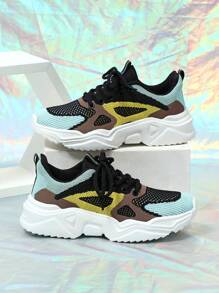 Zapatos cómodos y flexibles para correr y deportes de ocio, con diseño de parchwork en negro y amarillo, transpirables y ligeros, adecuados para parejas