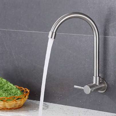 Grifo de cocina montado en la pared con un solo tubo de agua fría, giratorio 360°, estándar asiático G1/2, sin manguera, acabado en níquel cepillado (montado en la pared, sin grifo de lavabo)