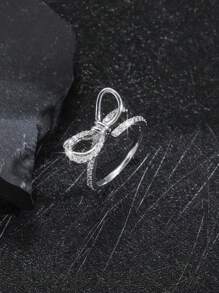 1pc Stylish & Elegant Simple Copper Inlaid Crystal Bowknot Open Ring - Silver - View 4