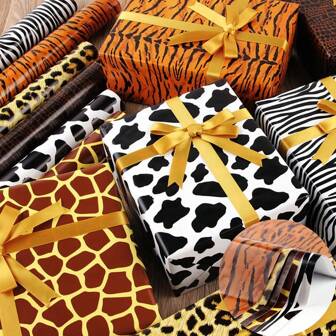 AFYPRTY 6张动物图案包装纸，70*50厘米动物印花包装纸，野生动物派对包装纸，适合生日派对，丛林动物派对礼品纸