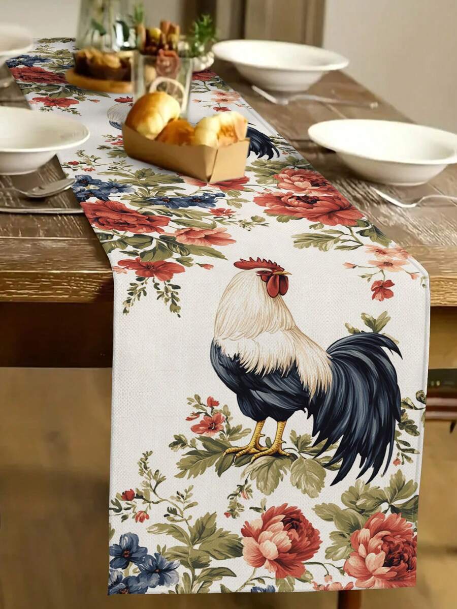 1pc Modern Farmhouse Rooster Print Table Runner, Chicken Pattern Table Runner For Home Decor, Kitchen, Party, Indoor & Outdoor Decoration