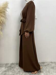 Fashion Arabian Robe With Pocket Elastic Cuff Daily Wear Modest Abaya - Coffee Brown - View 5