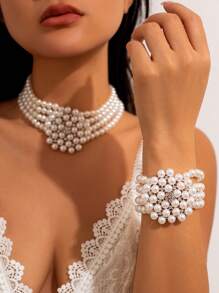2 pièces Collier de mode de mariée, Bracelet, Perle Fausse Multi-Couche, Ras-du-cou Perlé Français, Chaîne de Clavicule, Ensemble d'Accessoires de Mariage et de Fête