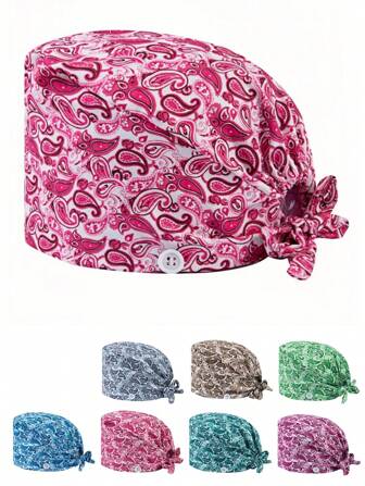 1pc Women's High Quality Material Colorful Paisley Flower Print Drawstring Nurse Cap, With Elastic Back And Side Mask Strap Hooks, Suitable For Doctors, Nurses, And All Hospital, Beauty Salon, Pet Hospital Workers