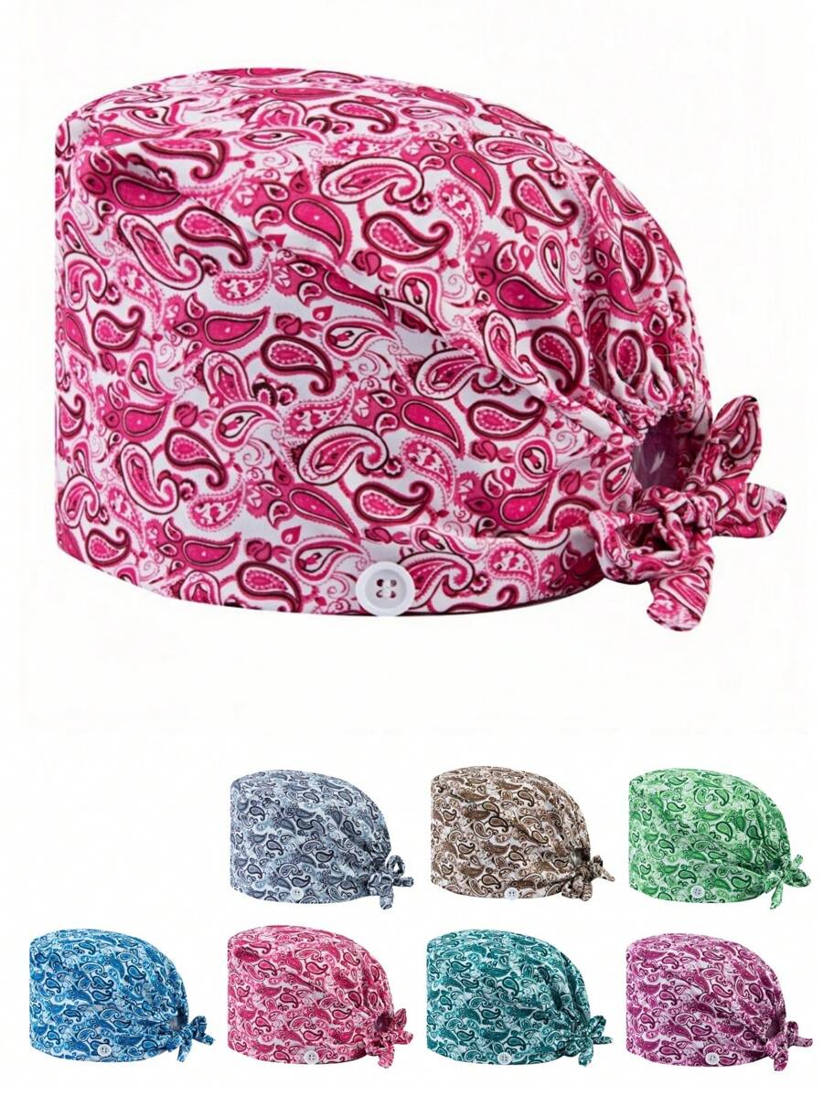 1 pieza Gorro de enfermera de alta calidad con estampado de flores de paisley coloridas, con cordón, elástico en la parte trasera y ganchos para correa lateral de máscara, adecuado para médicos, enfermeras y todo el personal de hospital, salón de belleza y veterinaria - Multicolor - Ver 1