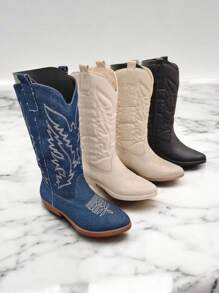 Bottes mi-mollet style cowboy noir pour femmes, adaptées pour la rentrée scolaire, Halloween, les soirées, les boîtes de nuit, les courses, les représentations et les rendez-vous, pour l'automne et l'hiver - Noir - Voir 3