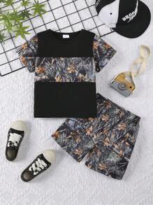 Toddler Boys Maple Leaf Digital Print Top + Shorts Set, Suitable For Outdoor Sports Wear - Fit For Boys And Girls