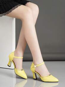 Herbst/Winter 2025 Frühling/Sommer Neue Damen Pumps mit Blockabsatz, Riemen, Strass und Hohlmuster, spitzer Zehenbereich, Schlupfeinstieg, elegant - Gelb - Übersicht 3
