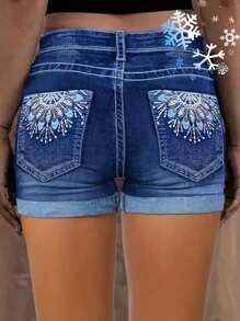 Women's Denim Embroidered Shorts, Retro Style, Stretch Fit, Distressed Denim Shorts, Fashionable Summer Wear - Rửa trung bình - Xem 2