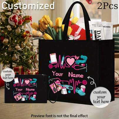 Custom Nurses-Themed 2pcs Tote & Makeup Bag Set - Lightweight, Fabric With Fixed Shoulder Strap For Shopping, Travel & Beach,Multifunction,Versatile,Large Capacity,Lightweight,Functional,Practical,All-Purpose,Colorful,Cute,Adorable,Contracted,Funny,Kawaii,Y2K,Minimalist,Commuting,Business Casual,Basics,Custom,Personalized,Unique,Customized,Ideal Gifts For Him,Ideal Gifts For Her,Her,Boyfriend,Girlfriend,Family,Friends,For Anniversaries,For Birthdays,For Holiday/ Vacation,For Outdoors/Outings/Travel/Hiking/Stadium/Sports/Climbing,For Business/Commute/Work/Office,Travel