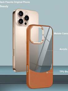 Mirror New High-Quality Matte Simple Fashion Acrylic Transparent Back Plate Colorblock Leather-Texture 2-In-1 Metal Lens Frame Soft Edge Shockproof Full-Covered Phone Case Compatible With Apple 11 12 13 14 15 16 Pro Max Series - Brown - View 6