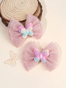 2pcs Yarn Double Layer Girls Hair Bow Clips,Fabric Butterfly Decor Hair Bows Clips For Kids,Fashion Alligator Clips Hair Accessories For Girls