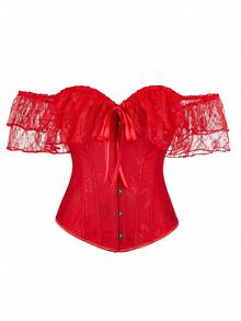 女士万圣节鱼骨塑身衣蕾丝花边紧身胸衣短款上衣、束腰、新年派对、情人节、节日上衣、束腹上衣、毕业典礼、万圣节服装 - 紅色 - 查看 1