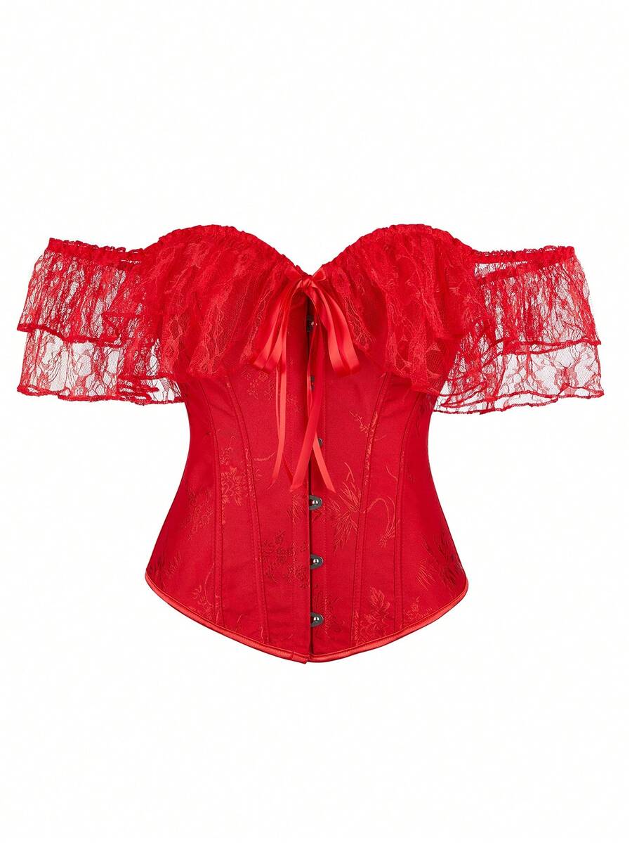 女士万圣节鱼骨塑身衣蕾丝花边紧身胸衣短款上衣、束腰、新年派对、情人节、节日上衣、束腹上衣、毕业典礼、万圣节服装 - 紅色 - 查看 1