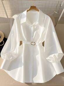 Women's Spring, Summer And Autumn Thin Satin Woven Non-Elastic Solid Color Loose Straight Shoulder Lapel Lantern Sleeve Long Sleeve Lace-Up Metal Decoration Slimming Casual Daily Elegant Commuter Graduation Season Valentine's Day Gift High-Grade French Light Luxury Professional Women's Shirt