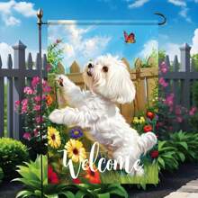 1pc Charming White Maltese And Butterfly Floral Double Sided Garden Flag - Suitable For All Seasons, Ideal For Patio, Lawn, Farmhouse Decor, 12x18 Inches, Without Flagpole,Garden Flags In Spring And Summer Seasons. ﻿