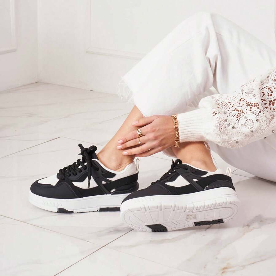 Lace-Up Chunky Sneakers With Padded Collar And Overlay Detail - Black - View 1