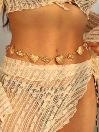 1 件女士波西米亚风格复古风身体首饰装饰连衣裙配金属贝壳腰带腰链