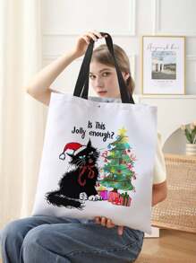 Cat Pattern Double-Sided Printed Linen Shoulder Tote Bag Shopping Bag Shoulder Bag Casual Travel Beach Bag Large Capacity Reusable Shoulder Shopping Bag
