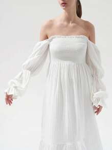 Women's Autumn Long Beach Dress Long Sleeve Off Shoulder Solid Color/Floral Dress - trắng - Xem 4