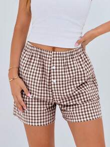 Women's Boxer Shorts Summer Dopamine Casual Home Sleeping Plaid Pj Button Front Y2K Plaid Pajama Shorts - Coffee Brown - View 3