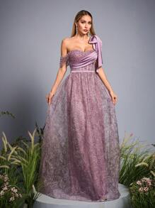 Anpoket New Arrival One Shoulder Elegant Evening Gown Dress Pearls Beaded Ruched Bow Ruffle Mesh Long Dress,Party Dress,Formal,Wedding Guest - Purple - View 1