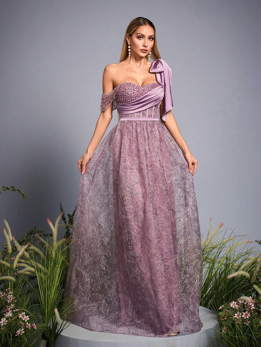 Anpoket New Arrival One Shoulder Elegant Evening Gown Dress Pearls Beaded Ruched Bow Ruffle Mesh Long Dress,Party Dress,Formal,Wedding Guest - Purple - View 1