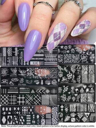 3D 美甲印花板，学院风格几何线条格子菱形春夏玫瑰花朵叶子水果橙色蛇图像设计印刷模板美甲配件工具，美甲沙龙