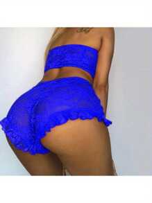 2026 New Women Lace Tulle Lingerie Set Ruffle Sleepwear Babydoll Ladies Sexy Bandeau Underwear Nightwear Exotic Sets - 藍色 - 查看 2
