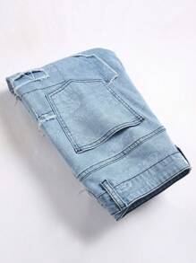 Men's Fashionable Letter Print Distressed Slim-Fit Jeans - Medium Wash - View 8