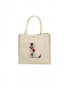1 pieza Bolso de mano con flor de lino y letra, bolso de gran capacidad sencillo, bolso de almacenamiento casual portátil, bolsa de compras multifuncional, bolsa de regalo personalizada, adecuada para bodas, cumpleaños, playas, festivales, regalos perfectos para mujeres, maestros, amigos, damas de honor, bolsos grandes, estudiantes y vuelta a clases