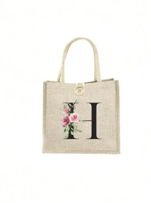 1 pieza Bolso de mano con flor de lino y letra, bolso de gran capacidad sencillo, bolso de almacenamiento casual portátil, bolsa de compras multifuncional, bolsa de regalo personalizada, adecuada para bodas, cumpleaños, playas, festivales, regalos perfectos para mujeres, maestros, amigos, damas de honor, bolsos grandes, estudiantes y vuelta a clases