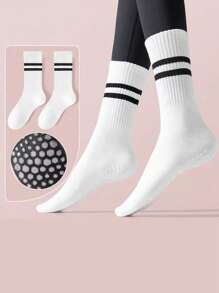 5 Pairs Women's Crew Yoga Socks With Dual Stripes, Full Sole Silicone Anti-Slip, Comfortable Soft Cushioned, Suitable For Dance, Pilates Yoga, Indoor Fitness Grip Socks - Multicolor - View 5