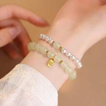 1pc Chinese Style Natural Jade & Pearl Luxurious Bracelet, Suitable For Women Daily Wear
