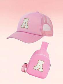 2pcs/Set Girls Letter Graphic Baseball Cap And Bag, Breathable Design For Daily Wear And Outdoor Activities - Pink - View 3