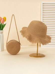 2pcs Set Khaki Wave Pattern Sun Hat And Crossbody Woven Straw Bag, Suitable For Beach Vacation - Multicolor - View 1
