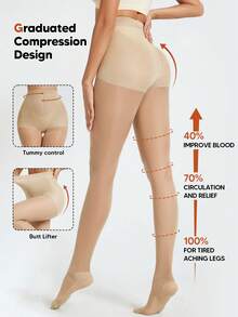 女士塑形紧身裤和过膝袜，薄款，适合秋冬季穿着 - 米色 - 查看 1