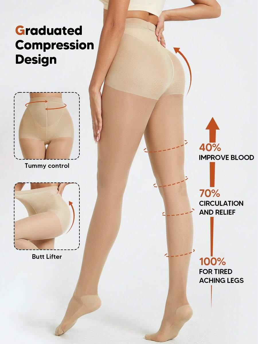 女士塑形紧身裤和过膝袜，薄款，适合秋冬季穿着 - 米色 - 查看 1