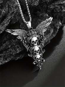1pc Retro Gothic Style Skeleton Wing Pendant Necklace, Fashionable & Unique Halloween Accessory - Silver - View 4