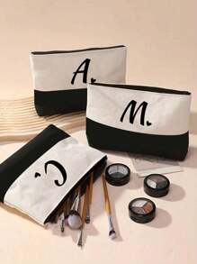 Black Heart Letter Print Makeup Bag, Gift For Girls, Red Air Cushion Beauty Bag,Travel Charger Storage Bag - Black and White - View 3