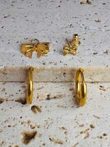 3pcs 14K Gold Plated Earring Set, Includes Bow Pendant Earrings, Fashion Jewelry Gift For Women - Gold - View 3
