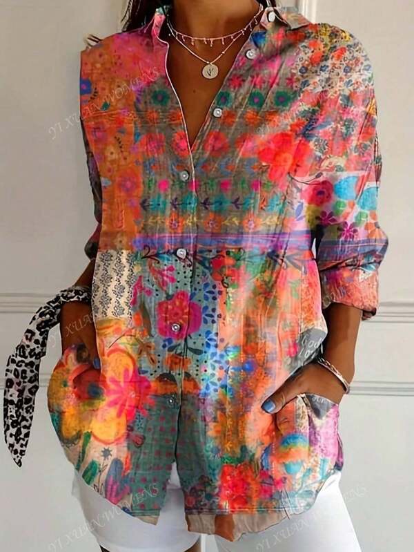 Hauts femme Vintage élégant à motif floral imprimé, chemise à manches longues avec col et boutons pour le printemps et l'été