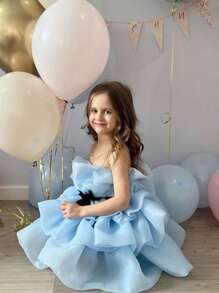 Young Girl Ruffled Bow Tulle Princess Dress For Easter, Birthday Party, Wedding, Pageant Occasions - Baby Blue - View 5