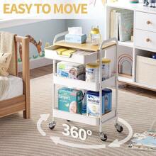 3-Tier Metal Utility Rolling Cart With Drawer And Wooden Table Top, Storage Cart White Trolley Kitchen Organizer Rolling Desk With Locking Wheels For Office, Classroom, Home, Bedroom Outdoor Decor - Light Color - View 2
