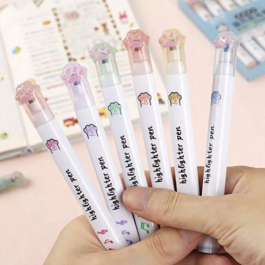 6pcs, Cat's Paw Highlighter, Student Cute Marking Pen, Marking Pen Color Marker, Classroom Small Gift, Handbook Watercolor Pen, Suitable For Daily Study And Work Writing Marker