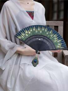 1 件夏季孔雀折扇/适合各种婚礼派对礼物 - 墨綠色 - 查看 2