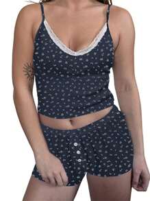 Women Y2k Pajamas Sets Cute Bear Floral Spaghetti Strap Crop Cami Tops + Sleep Shorts Lounge Sets 2 Piece Lace Trim Sleepwear Suit Sleeveless Camisole Tops And Boyshorts - 藍色 - 查看 2
