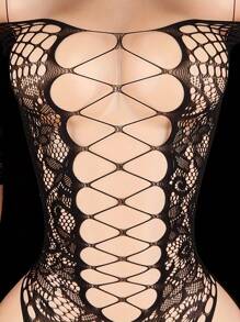 1 Piece Sexy Lingerie,Sexy Pajamas Jumpsuit With Fishnet Socks - Complex Jacquard And Hollow Design - Translucent Mesh, Perfect For Romantic Nights And Valentine's Day Gifts, Lingerie Set - Black - View 4